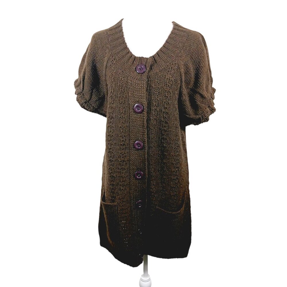 Motto, Deep Brown Long Cardigan, Short Puffy Sleeves W/ Ruffle,  Size Medium